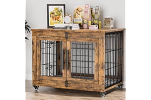 Lulive Dog Crate Furniture, Dog Kennel Indoor Double Doors Wooden Dog Cage, 32'' Heavy Duty Dog Crate with Cushion & Wheels, Decorative End Table Pet House Chew-Resistant for Medium/Small, Brown