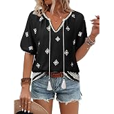 Vivilli Womens Summer Floral Printed Boho Tops Casual V Neck Short Sleeve Blouses Shirt Tie Front Flowy Vacation Clothes