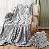 Buryeah 6 Pack Fleece Throw Blankets Bulk, 50 x 60 Inches Soft 3D Checkered Flannel Blankets for Galentine Gifts Couch Sofa Bed Warm Sleepover for Valentine Day Gifts (Grey)