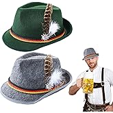 Velmitten 2 Pcs Oktoberfest Hat with Metal Edelweiss Pin Feather German Bavarian Hats Green Gray Felt Retro Hunter Cap Costume Accessories for Adults Men Women Unisex Halloween Cosplay Party Supplies