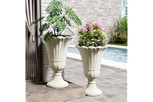 FONTOI 23" Tall Plastic Urn Planter (2-Pack) – Planters for Outdoor Plants with Drainage Holes & Petal Design, Heavy-Duty Classic Indoor Large Flower Pots for Home Garden, Front Porch & Decor, White