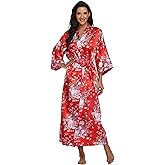 Mignon Cromwell Women's Long Satin Robe Floral Kimono Dressing Gown Lightweight Sleepwear Bridal Party Bridesmaids Robes