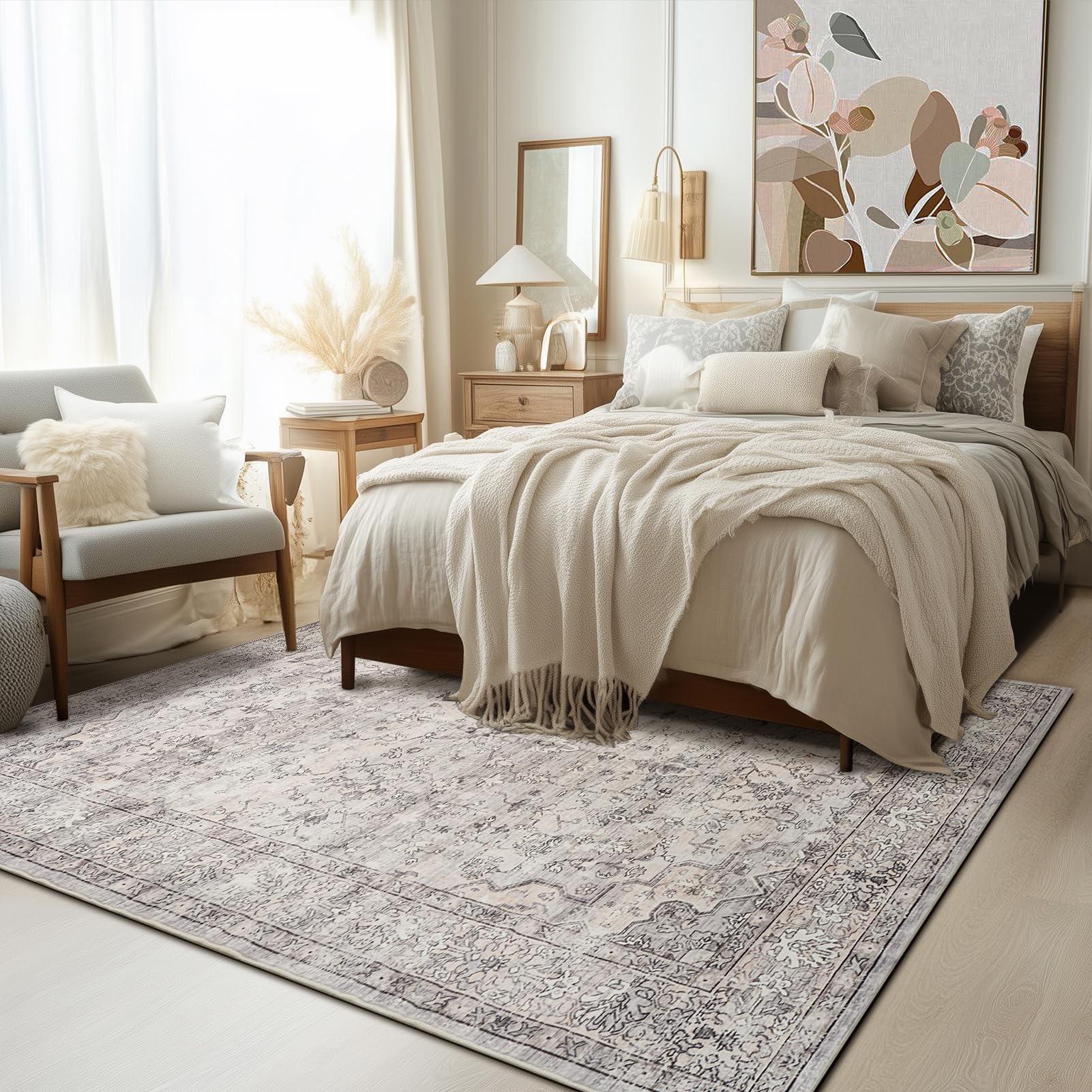 Photo 1 of 5x7 Area Rugs for Living Room Washable Soft Faux Fur Low Pile Vintage Floral Boho Modern Carpet Rug Non Slip Sound Absorbing Rugs for Bedroom Office Patio Dining Room Kids Room,Natural Grey