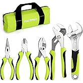 FASTPRO 5-Piece Utility Pliers Set with Storage Bag, Includes Groove Joint, Diagonal, Long Nose, Slip Joint Pliers and 8" Adjustable Wrench, Green
