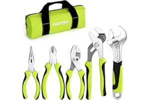 FASTPRO 5-Piece Utility Pliers Set with Storage Bag, Includes Groove Joint, Diagonal, Long Nose, Slip Joint Pliers and 8" Adjustable Wrench, Green