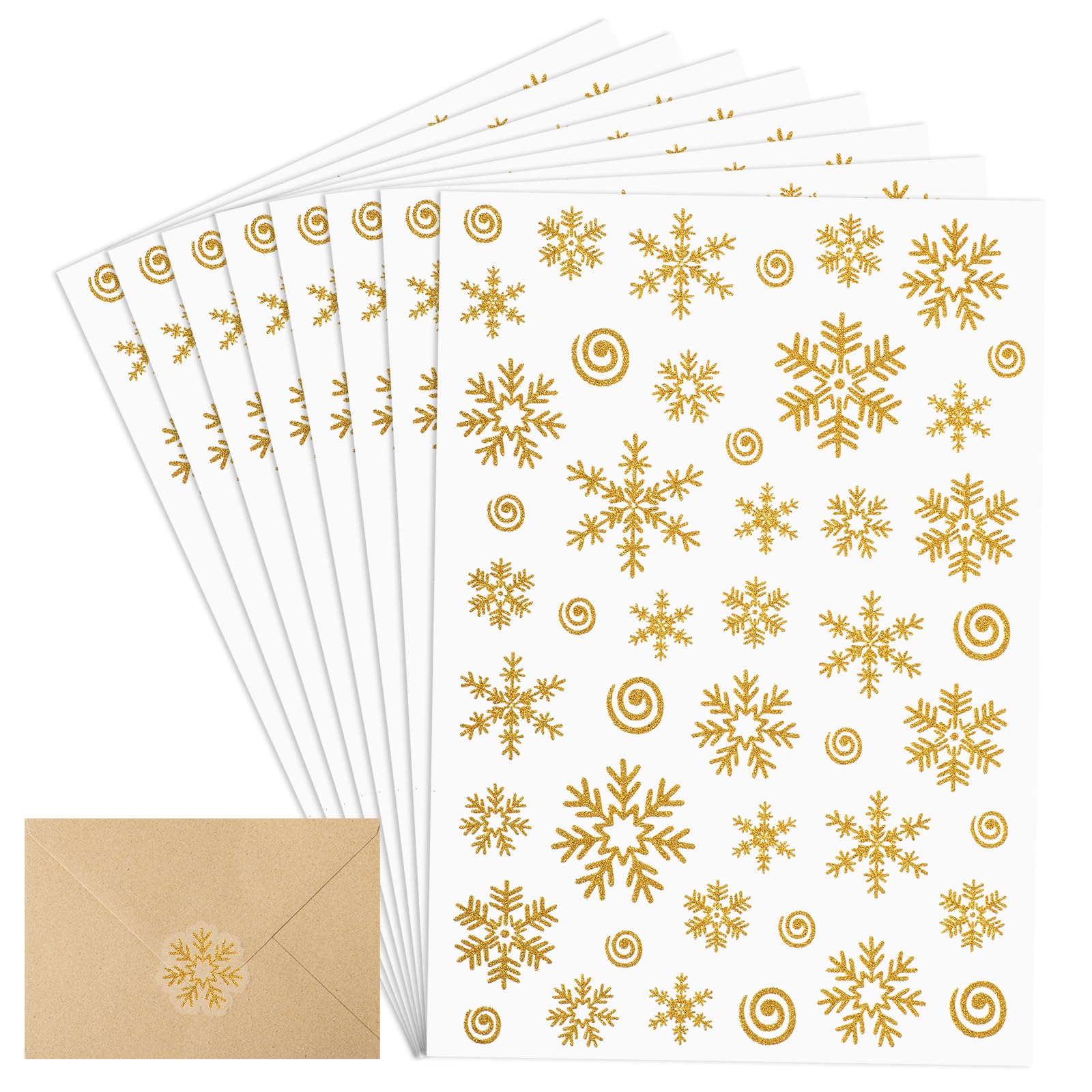 Christmas Envelope Seal Stickers, 368Pcs Glitter Snowflake Sticker Label Christmas Stickers, Xmas Snowflake Dot Envelope Sticker Seal for Christmas Card Envelope Gift Box Decoration (Gold, 8 Sheets)