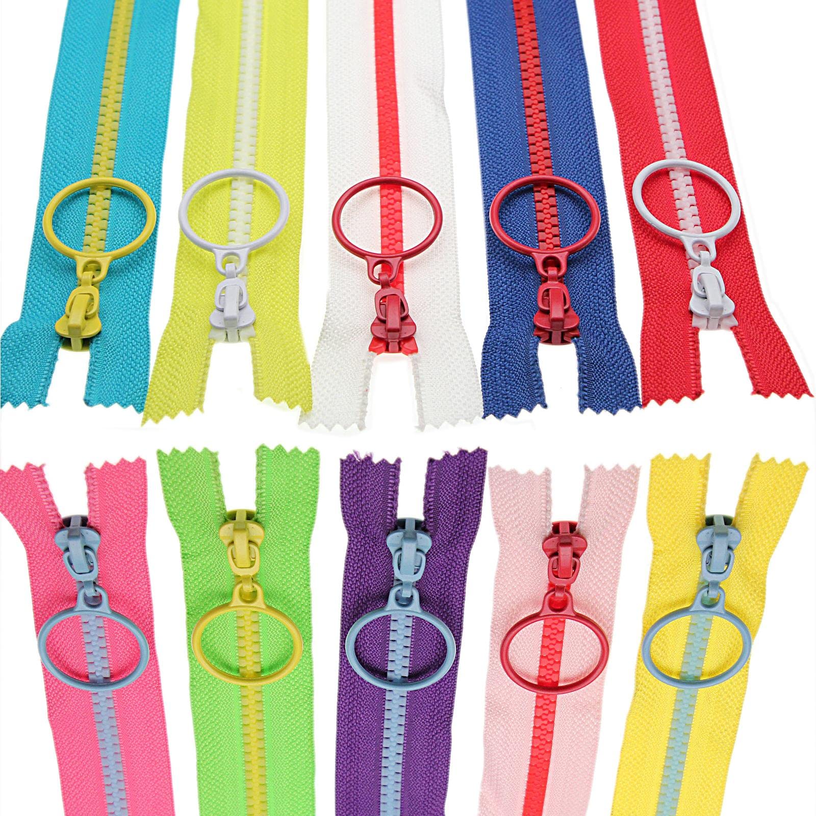 Photo 1 of #5 Plastic Zippers with Lifting Ring Pull,10 PCS 12 Inch (30CM),Closed End Resin Zippers,10 Color Mixed Zipper Tape and Pulls,for DIY Sewing Crafts Bags Garment (12”30cm) SHUNLI