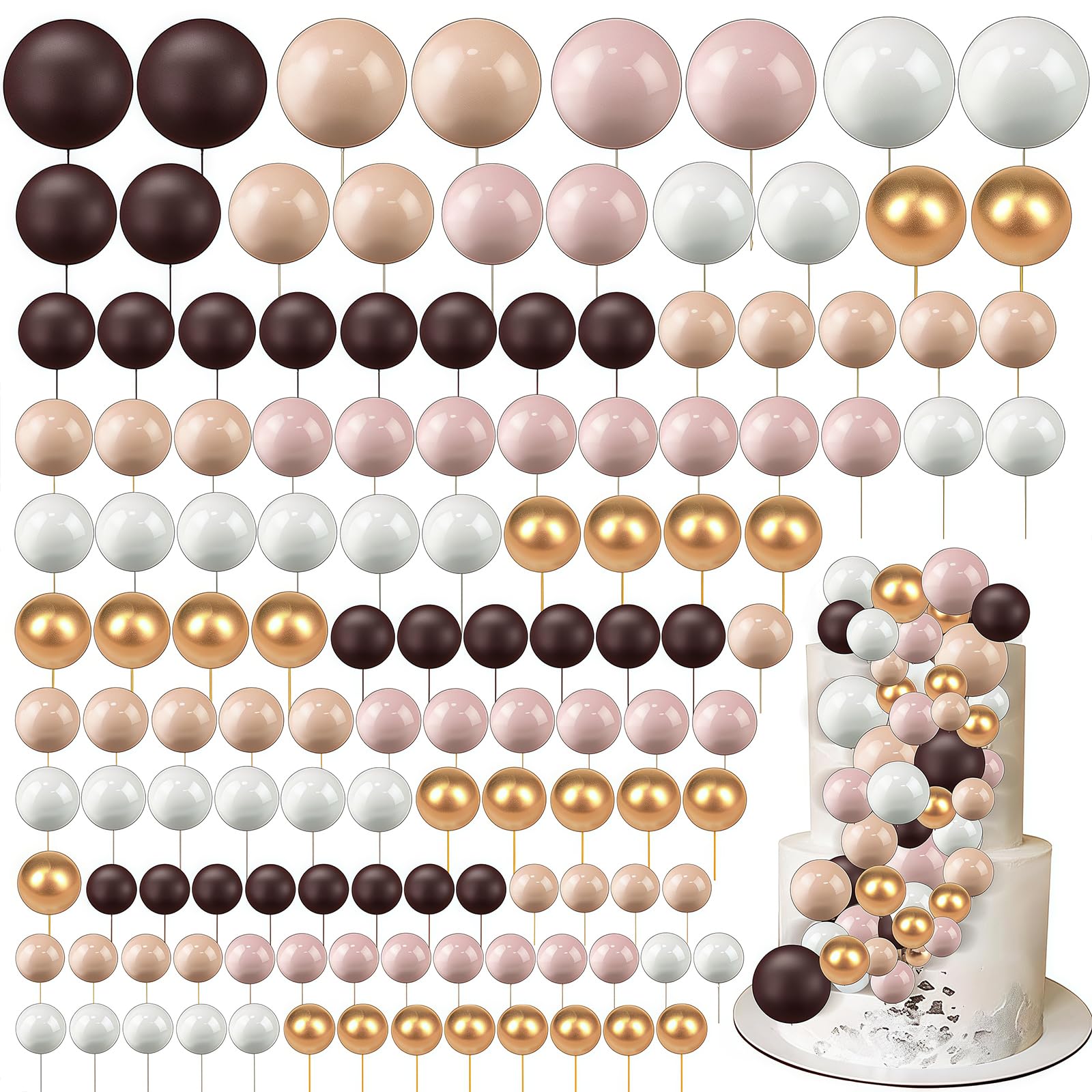 Round Ball Cake Toppers, 108 PCS Cake Balls, Ball Cake Toppers, Mini Balloons Cake, DIY Topper Insert Decoration for Wedding Party Birthday Decorating (108, Gold White Coffee) — image 1