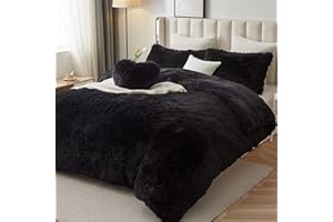 Vamcheer Plush Duvet Cover Set Queen Size - Ultra Soft Shaggy Comforter Cover + 2 Pillowcases + 1 Cute Heart Pillow, Fluffy Comforter Cover Set, Zipper Closure & 8 Corner Ties, Black