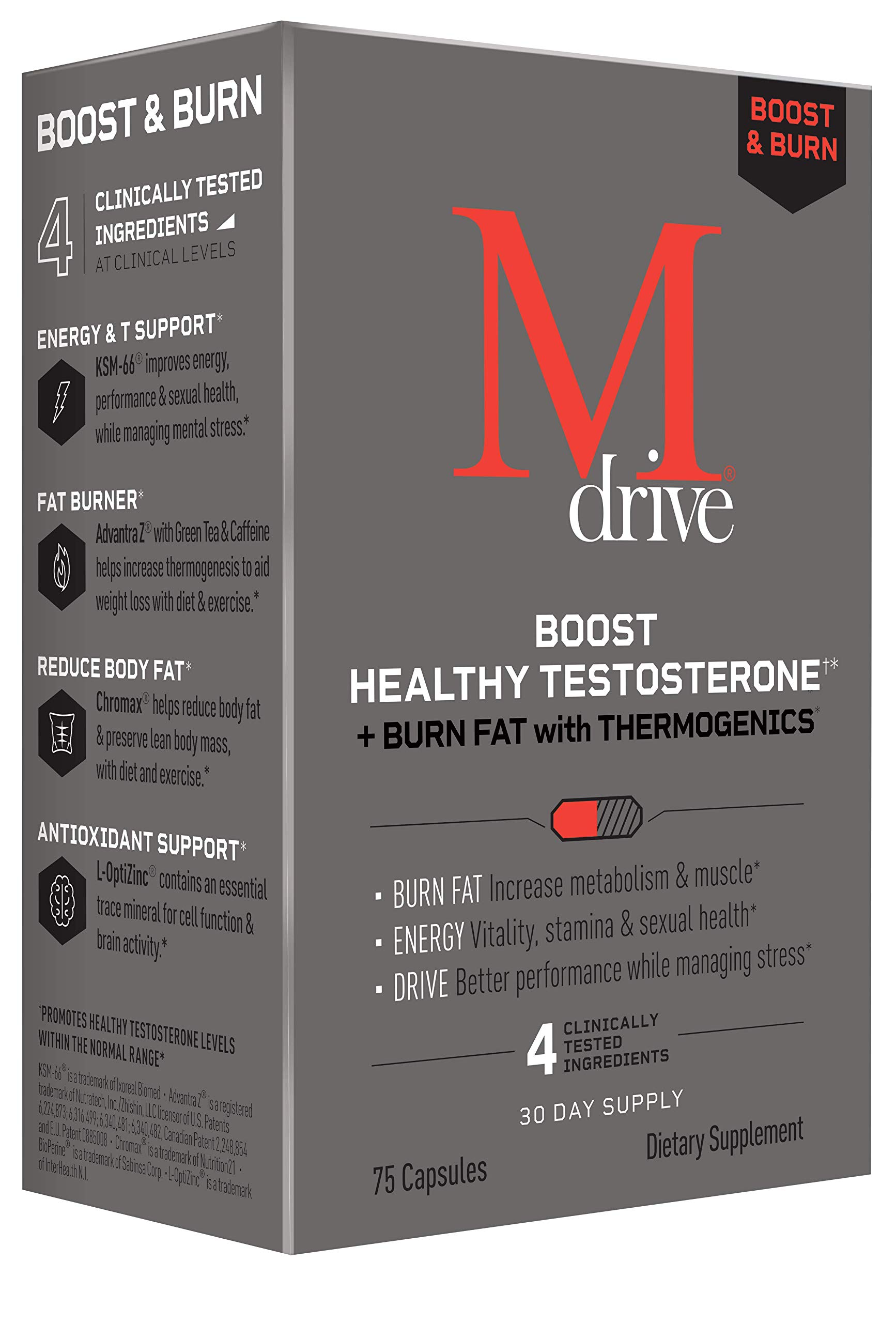 Mdrive Boost and Burn Testosterone Support Supplement and Fat Burner with Zinc, KSM-66 Ashwagandha, Advantra Z, 75 Capsules