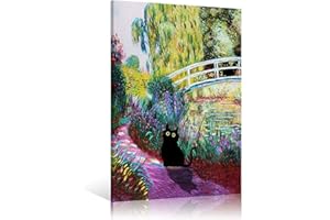 GENERIC Framed Art Vintage Monet Water Lillies Canvas Wall Art Famous Garden Irises Flowers Black Cat Poster Floral Landscape Oil Prints Painting Funny Rustic Gallery Wall Decor for Bedroom 16x24in