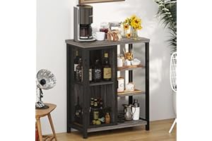 BON AUGURE Farmhouse Coffee Bar Cabinet with Storage, Industrial Liquor Cabinet with Adjustable Shelves, Rustic Small Buffet and Sideboard for Home (Dark Grey Oak)