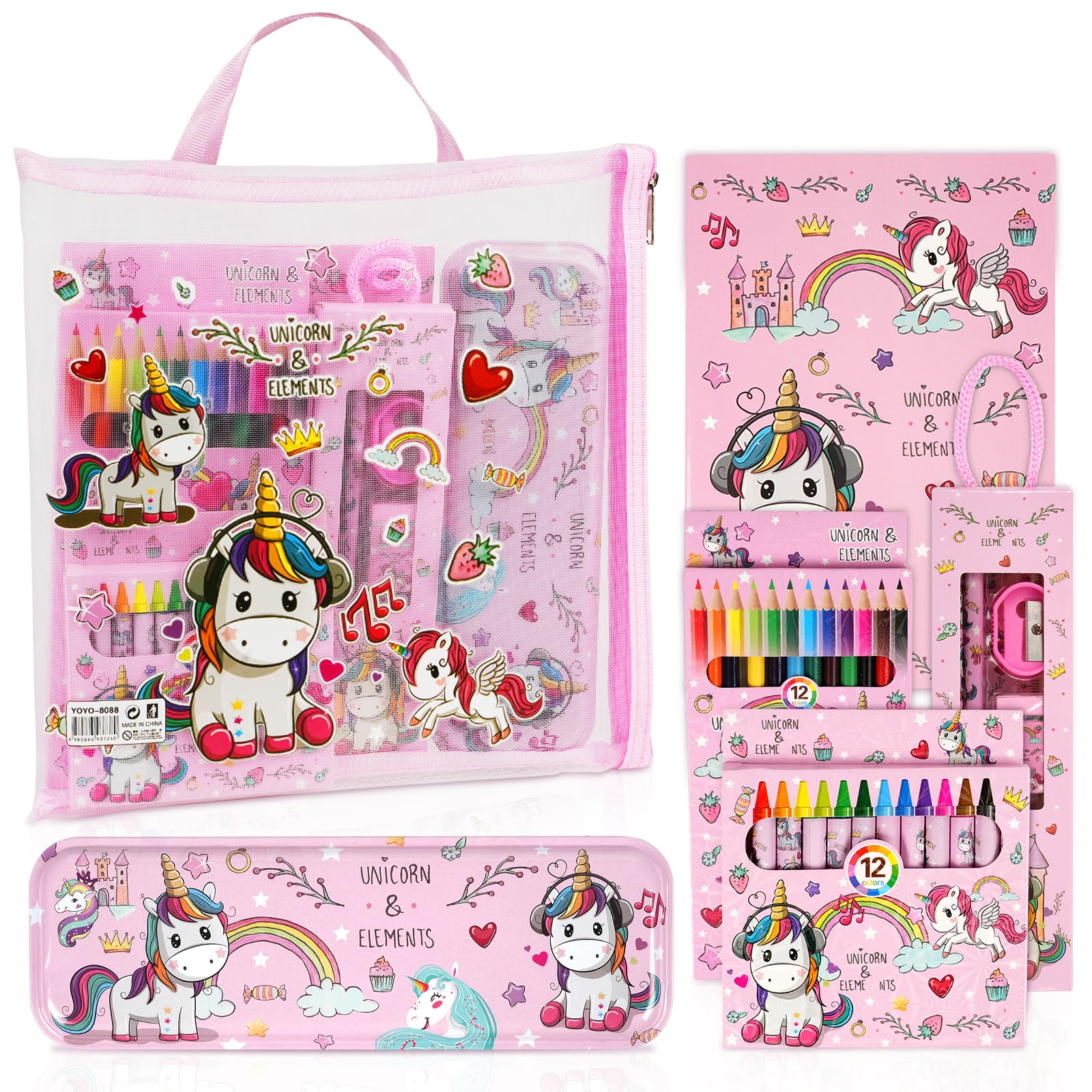 OFFCUP Unicorn Stationary Set, Kids Stationery Gifts Set, Cute Unicorn Gift Includes Pencil Case, Pencil, Colored Pencil, Crayon,Eraser, Pencil Sharpener and Notebook, Stationery Sets for Kids