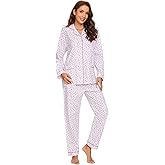 amaxer Women's Warm Pjs Flannel Pajamas Set 100% Cotton Sleepwear Button Pajama Set with Elastic Drawstring