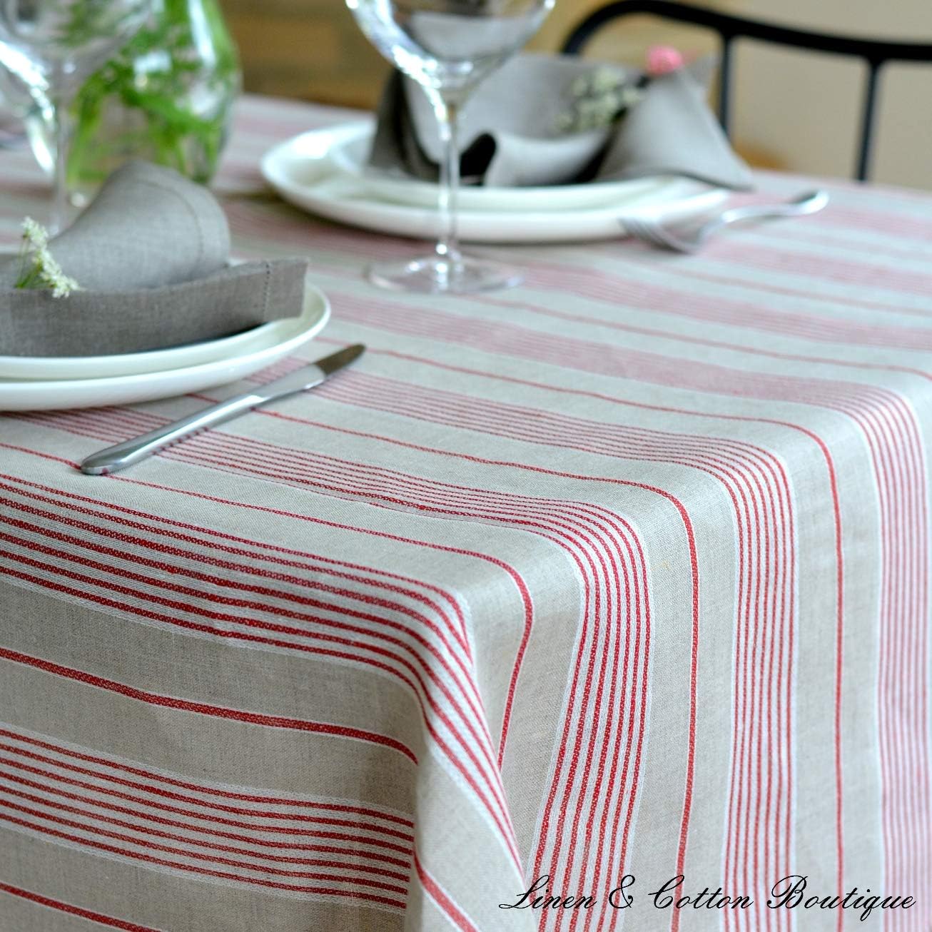 Linen & Cotton Striped Tablecloth ULLA, 100% Linen - 150 x 300cm (60'' x 120''), Natural/Beige, 118.1 x 59.1 inch (Rectangular) - Image 4