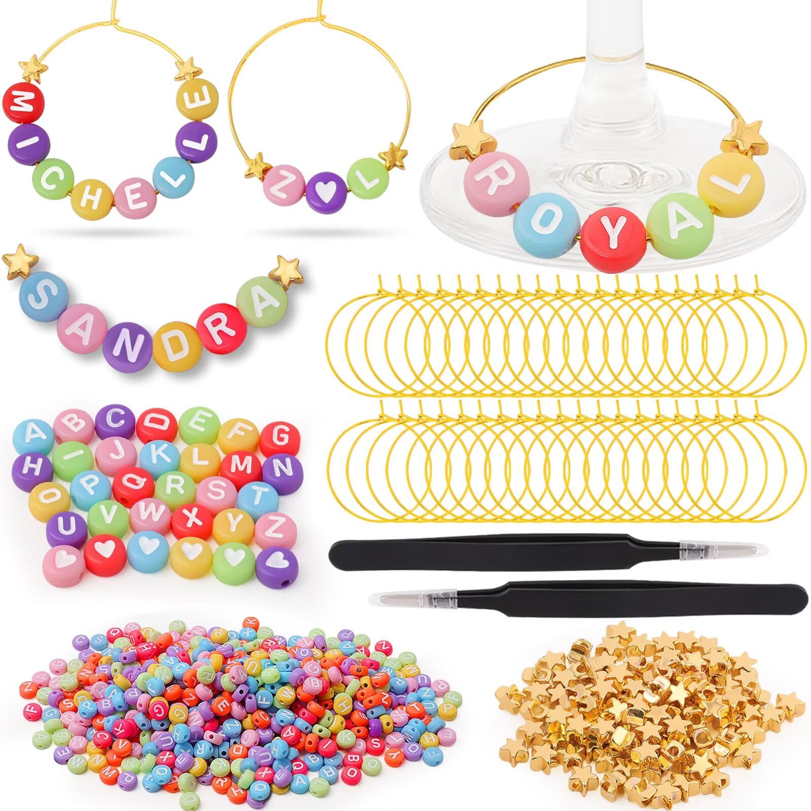 Photo 1 of 60 Sets DIY Wine Glass Charms – 780 Letter Beads 120 Gold Beads 60 Charm Rings 2 Tweezers, Drink Identifier Charms Wine Glass Marker Tags for Wedding Cocktail Bachelorette Party Decoration (Colorful)