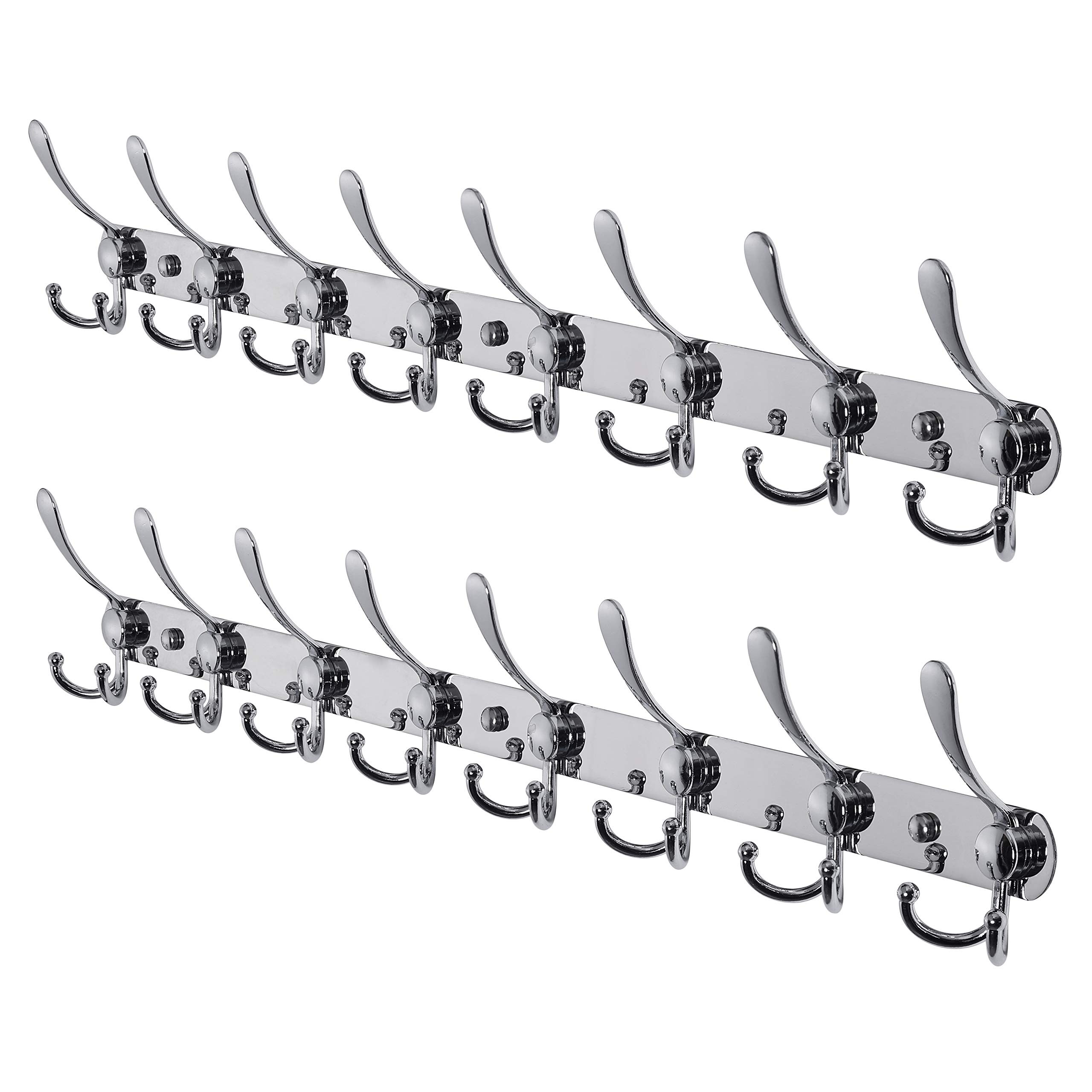 Dseap Coat Rack Wall Mount - 74cm Long 8-Tri-Hooks, Heavy Duty, Stainless Steel, Metal Coat Hanger Rail Wall Hooks for Coats Hats Clothing Clothes Purse Mudroom Entryway, Chromed, Pack of 2