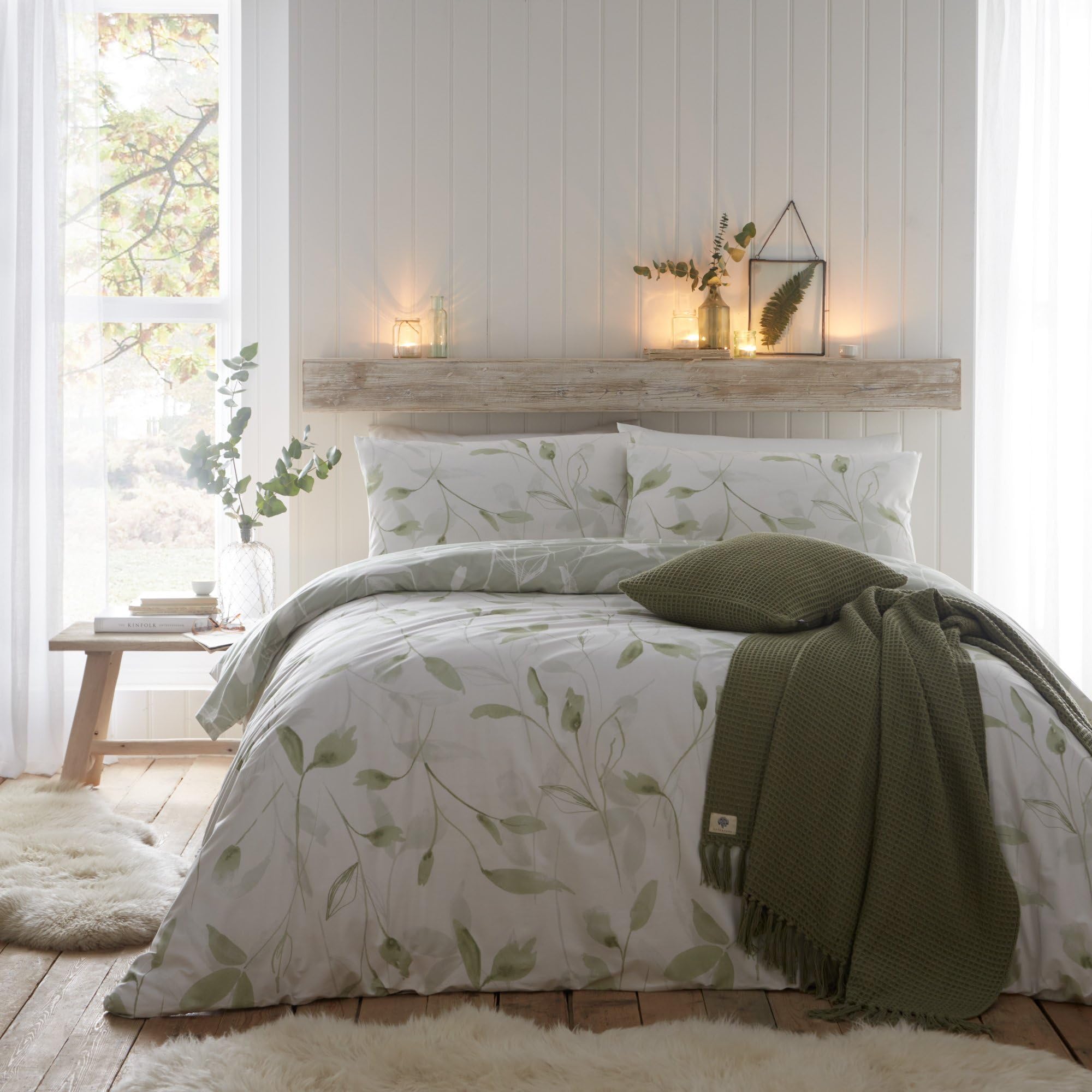 Drift Home - Eco Green Plants Duvet Cover - King Bedding Size (230 x 220cm) - Very Soft Brushed Cotton - Sustainable Recycled Cotton - 2 Pillowcases - Green Floral Duvet Cover - White Bedding