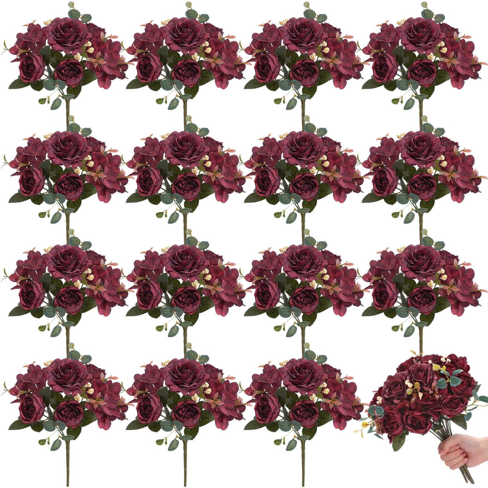 Photo 1 of Yunlly 16 Packs Artificial Peony Flowers Faux Peonies Bouquet Silk Vintage Wedding Home Table Door Decor Reusable Bouquet Rose Flowers for Bridal Wedding Birthday Home (Burgundy,Elegant)
