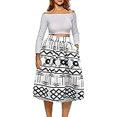 Afibi Womens African Print Skirt Boho Flare Pleated Midi Skirt with Pockets