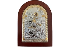 (A-3 004 GK) Saint George Byzantine Silver Orthodox Christian Icon/Greek Handmade (red, 5 1/2x4)