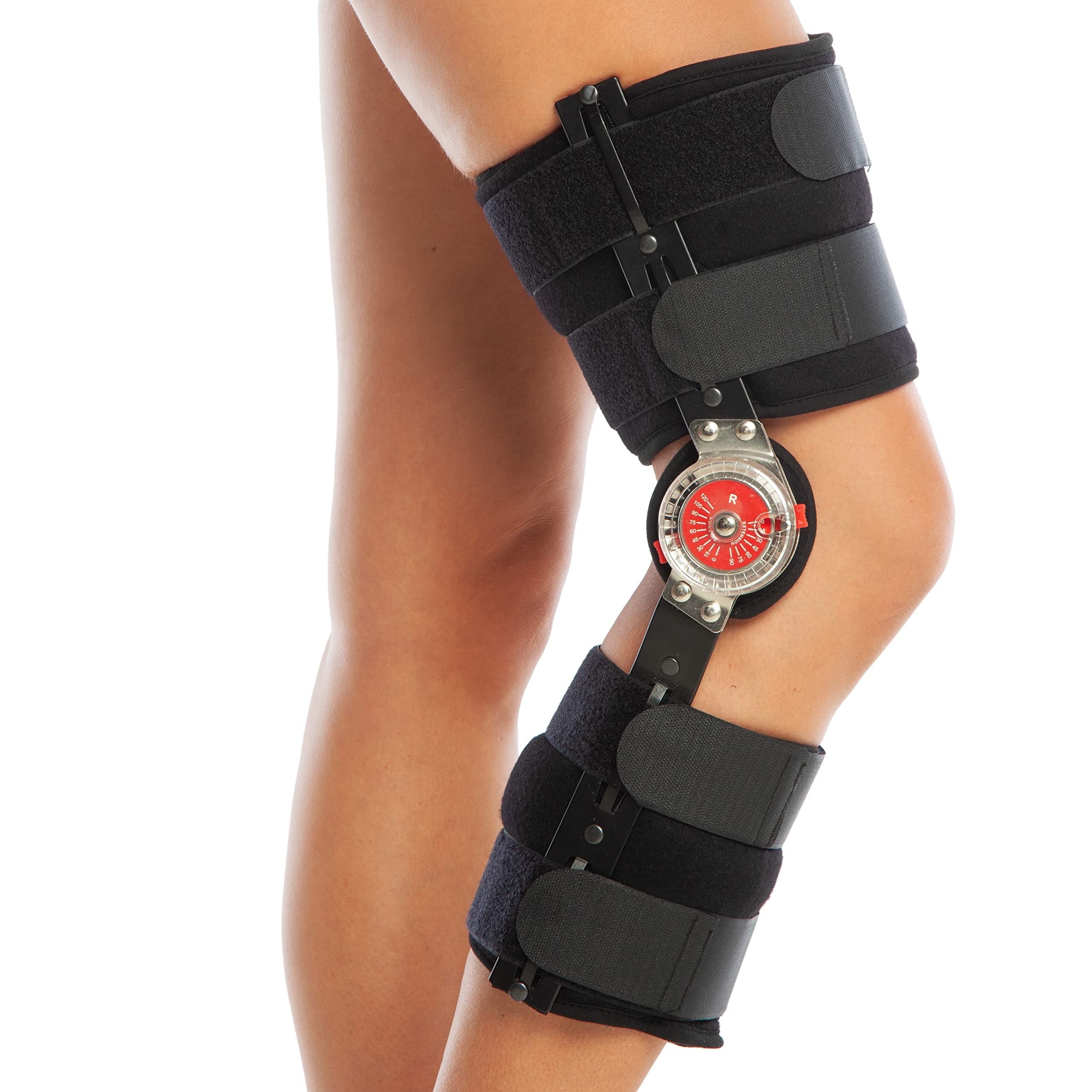 ArmoLine ROM Adjustable Knee Brace Support 47 cm Length Post Op Hinged Full Leg Knee Brace Universal Leg Size for Both Right and Left Knees Men Women, Black
