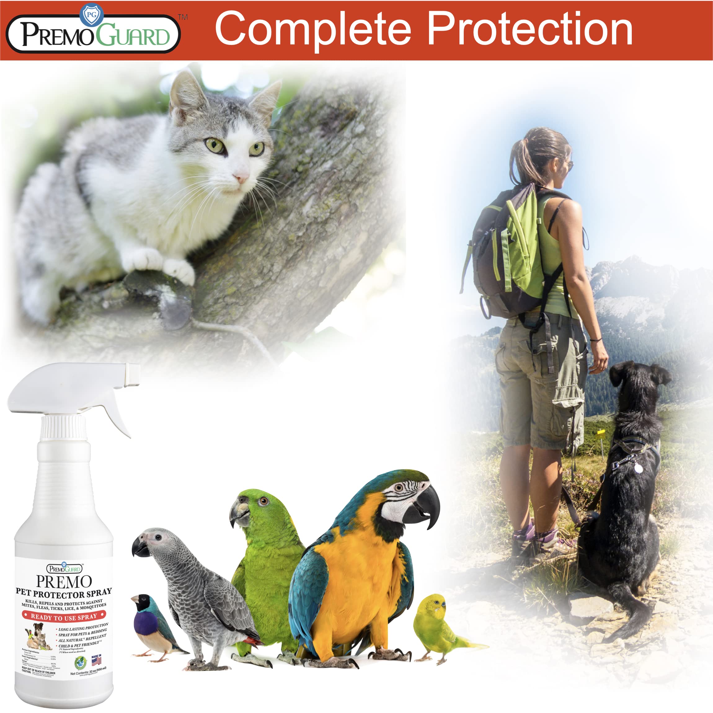 Premo Guard Pet Protector Spray - 32 oz - Kills Mites, Fleas, Ticks, & Mosquitoes - for Dogs, Cats, & Home - Natural Plant Based Oils for Control, Prevention & Treatment - Family Safe