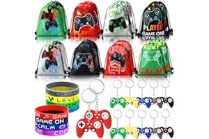 Hungdao 48 Pcs Video Game Party Favors 16 Gamer Party Drawstring Bags Gaming Goodie Bag 16 Wristbands 16 Keychains for Birthday