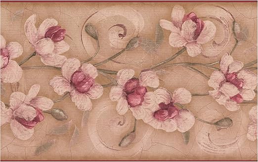 Amazon Com Prepasted Wallpaper Border Pink Flowers On Vine Beige Brown Wall Border Retro Design Roll 15 Ft X 7 In Home Kitchen