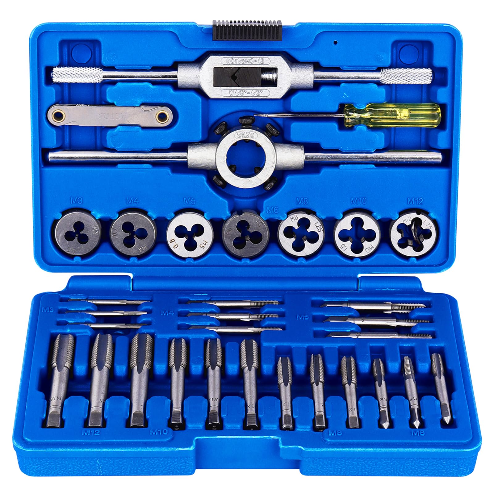 GreeSuit 32 Pieces Tap and Die Set Tungsten Alloy Steel Metric Screw Threads Cutting Tool Set Taper Drill Threading and Taps with Storage Case