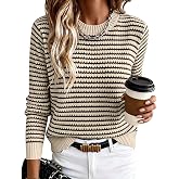 ANRABESS Womens Fall Long Sleeve Striped Crochet Sweaters Top | Crew Neck Knit Pullover, Comfy Soft Lightweight Clothes, Casu