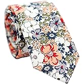 BELLUNO Cotton Floral Tie for Men, Skinny Flower Necktie for Wedding, Party, Activities, Cotton Slim Tie + Gift Box