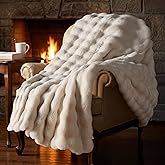 Luxury Ultra Thick Faux Fur 50x60 Bubble Blanket, Soft Warm Fluffy Throw for Couch and Bedroom, Reversible with Velvet, Premium Cozy Plush Fuzzy, 1000 GSM (Cream White)