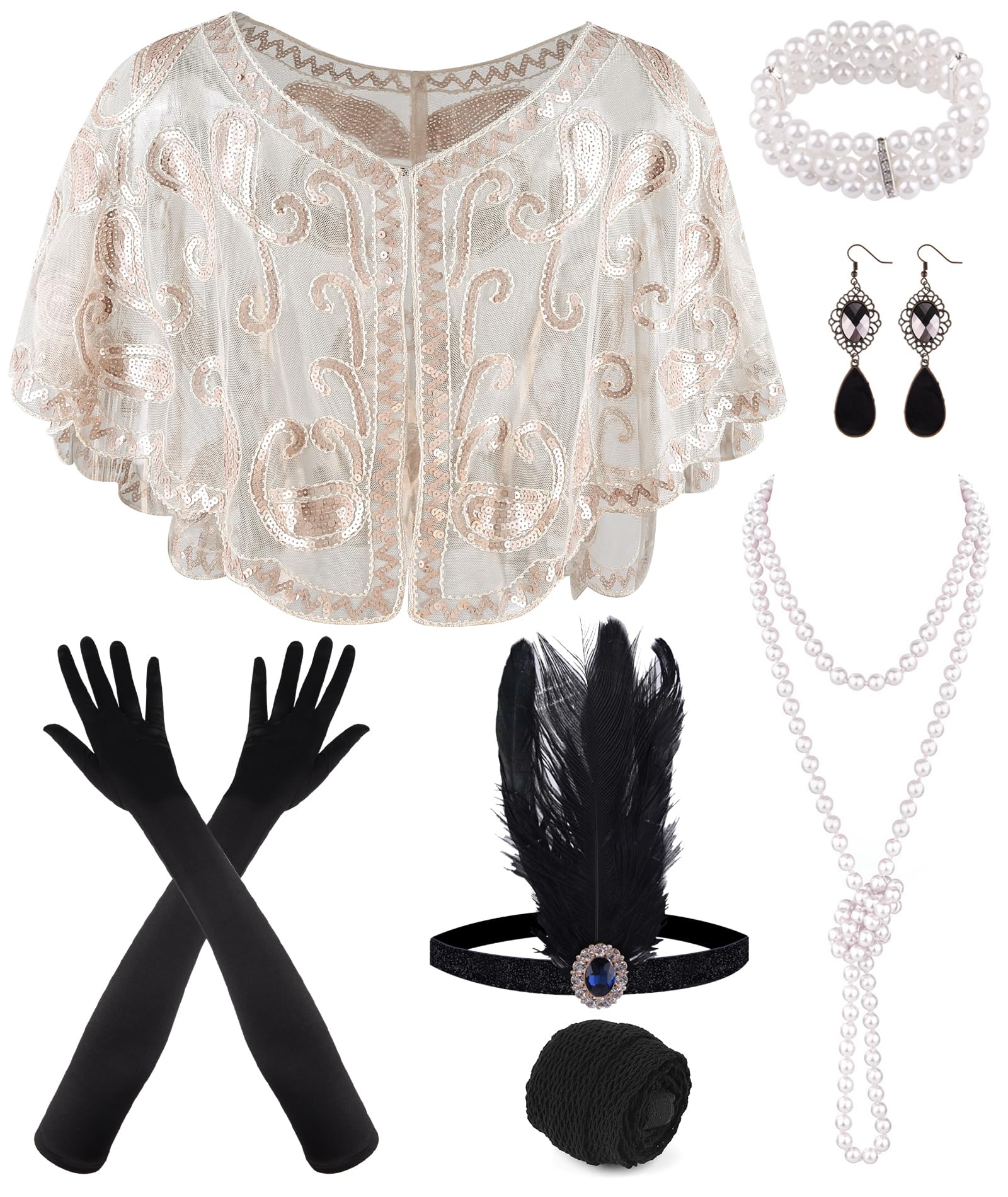 PLULON 10 Pieces 1920s Flapper Great Gatsby Accessories Set Fashion Roaring 20's Theme Set with Headband Headpiece Long Black Gloves Necklace Earrings for Women(Beige Gold)