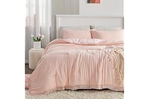 DECMAY Twin Comforter Set for Girls,2 Pieces Light Pink Bedding Set with Tassel Fringes & Jacquard Stripes Blush Pink Comforter Set Twin XL Size with Pillowcase for Kids, Teenagers, College Girls