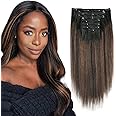 ABH AMAZINGBEAUTY HAIR Yaki Straight Clip in Hair Extensions Real Human Hair Rooted Black Piano Natural Black #1B Mixed With Chocolate Brown #4 Two Tone Light Yaki Clip ins for Black Women 18inch 120G