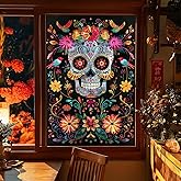 HOMETITUTE Sugar Skull Stained Glass Window Film 24x36 Inch PVC Day of The Dead Halloween Window Cling with Bright Floral Bird Art Static Window Sticker for Glass Día de Los Muertos Decoration