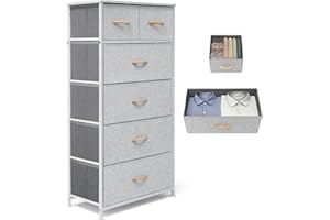 VredHom Fabric Dresser for Bedroom, Tall Skinny Dresser with 6 Drawers, Storage Organizer Tower, Steel Frame Wooden Top for Closet, Living Room, Hallway, Nursery(Light Gray)