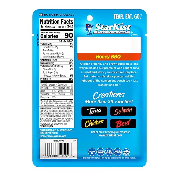 STARKIST TUNA CREATIONS HONEY BBQ POUCH (2.6 OZ – 1 PACK) WILD CAUGHT, HIGH PROTEIN SHELF STABLE SEAFOOD, GLUTEN FREE, SOY FREE, NO DRAINING, READY TO EAT FOR SALADS AND SANDWICHES