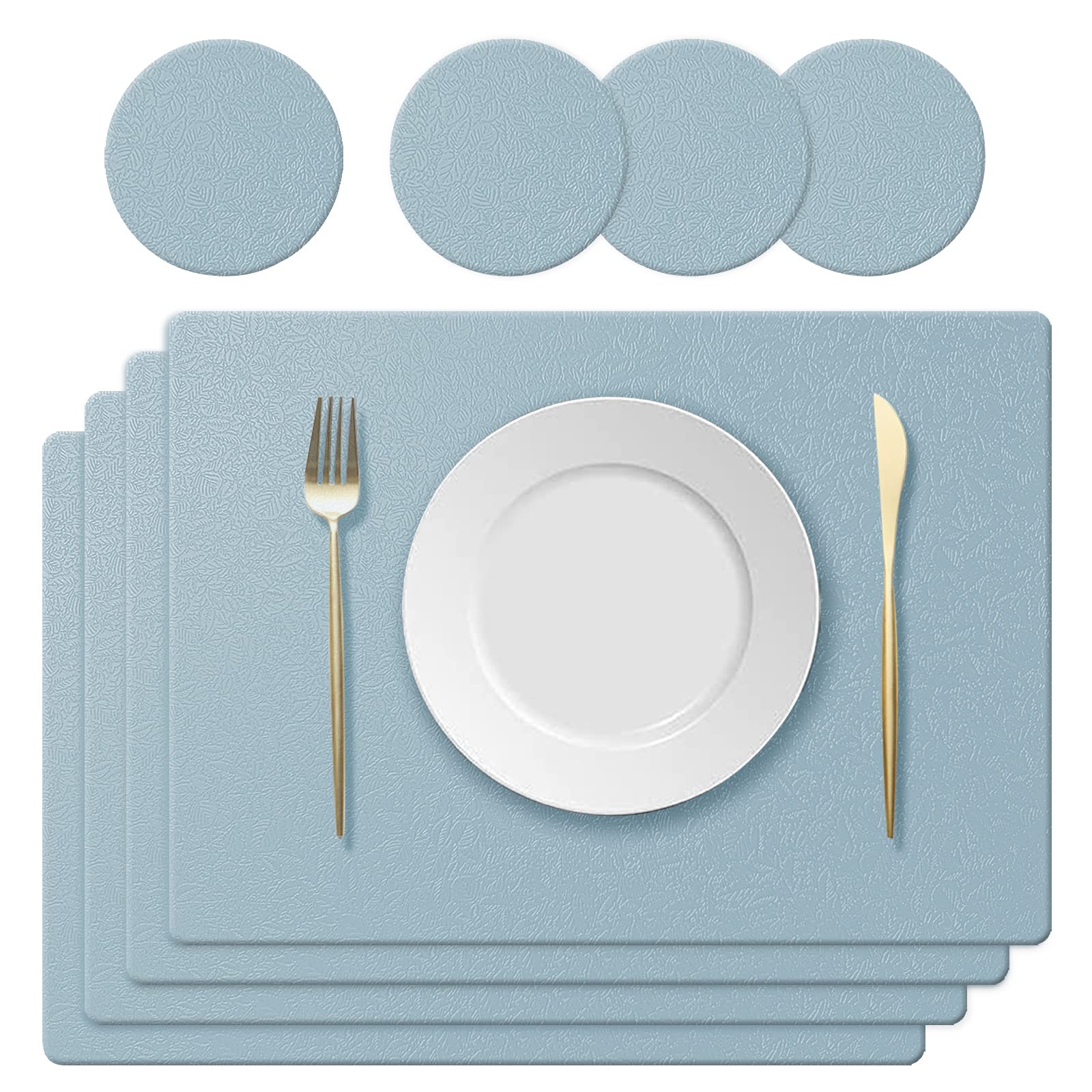 KERYCHIN 4 Silicone Placemats + 4 Non-Slip Table Coasters with Leaf Pattern Set, Heat Resistant 230 °C, Waterproof Place Mat for Kitchen, Home, Restaurant, Dining Table, 40 x 30 cm, Light Blue