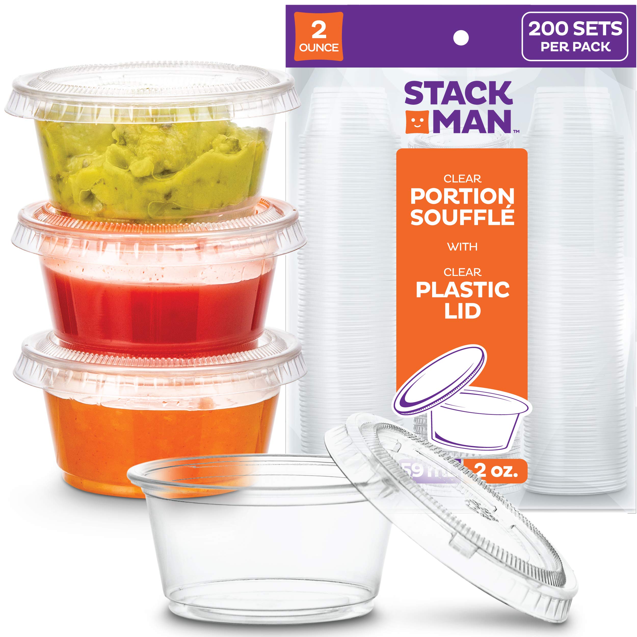 [200 Sets - 2 oz.] Small Plastic Containers with Lids, Jello Shot Cups, Condiment Cups, 2oz Dipping Sauce & Salad Dressing Container, Disposable Mini Plastic Portion Souffle Cups Ramekins, Pudding Cup