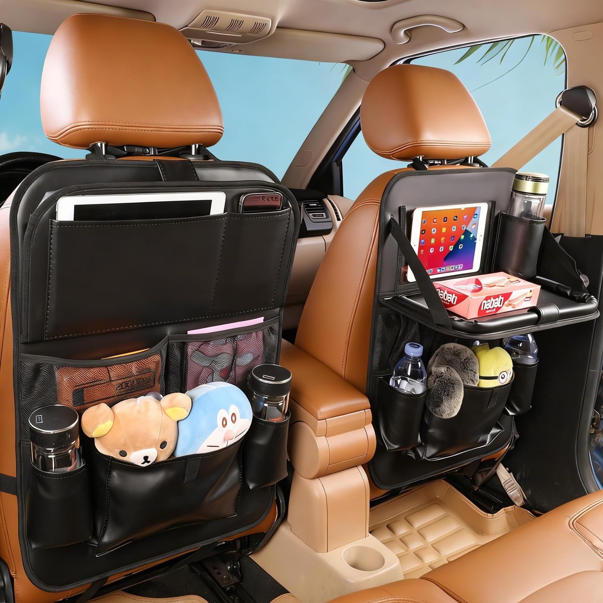 Photo 1 of 2PACK Leather Car Backseat Organizer with Tablet Holder - 9 Large Storage Pockets, Foldable Food Tray & Anti-Scratch Kick Mats - Universal Car Seat Protector for Kids, Pets & Travel Accessories