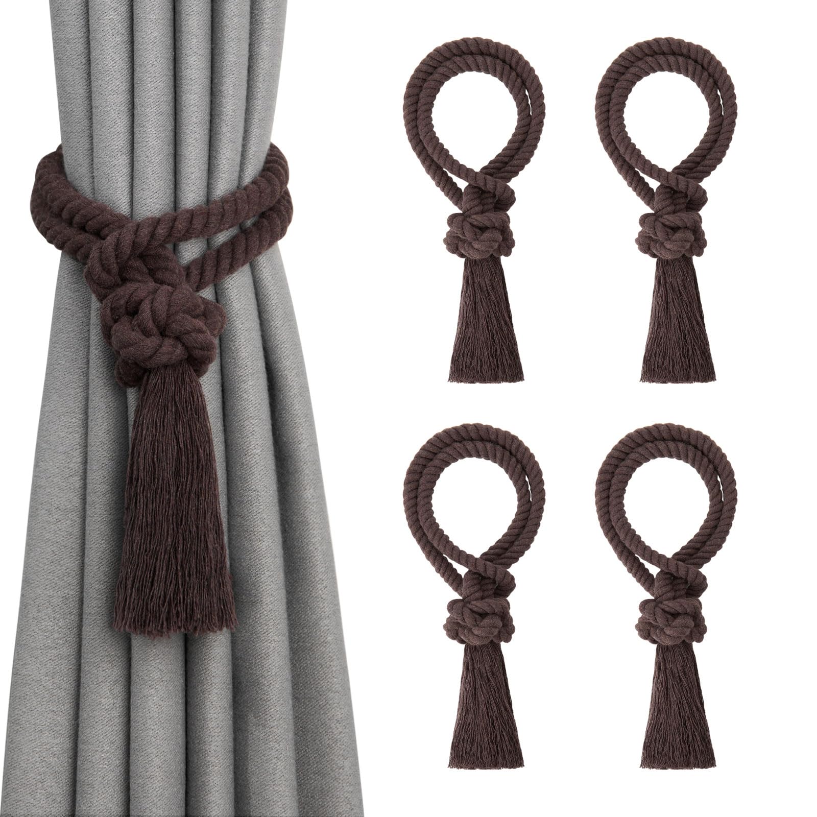 Pretty Jolly 4 Pack Natural Cotton Rope Tassel Curtain Tiebacks Boho Home Decor Drape Tie Backs Hand Woven Ball Curtain Holdbacks for Thin & Thick Home & Office Window Draperies (Coffee)
