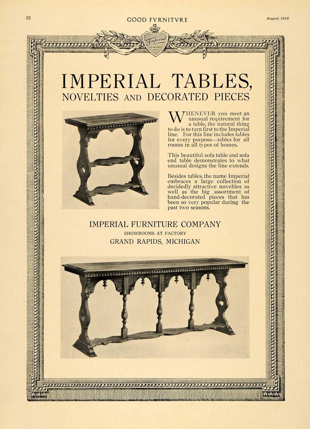 1916 Ad Sofa End Tables Imperial Furniture Company Deco