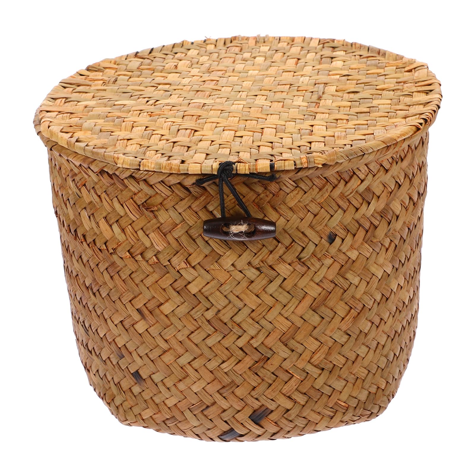 WRITWAA Handmade Woven Basket with Lid for Storage, Decorative Seaweed Storage Basket with Lid for Snacks and Sundries, Organizer Box for Home and Shelf Use