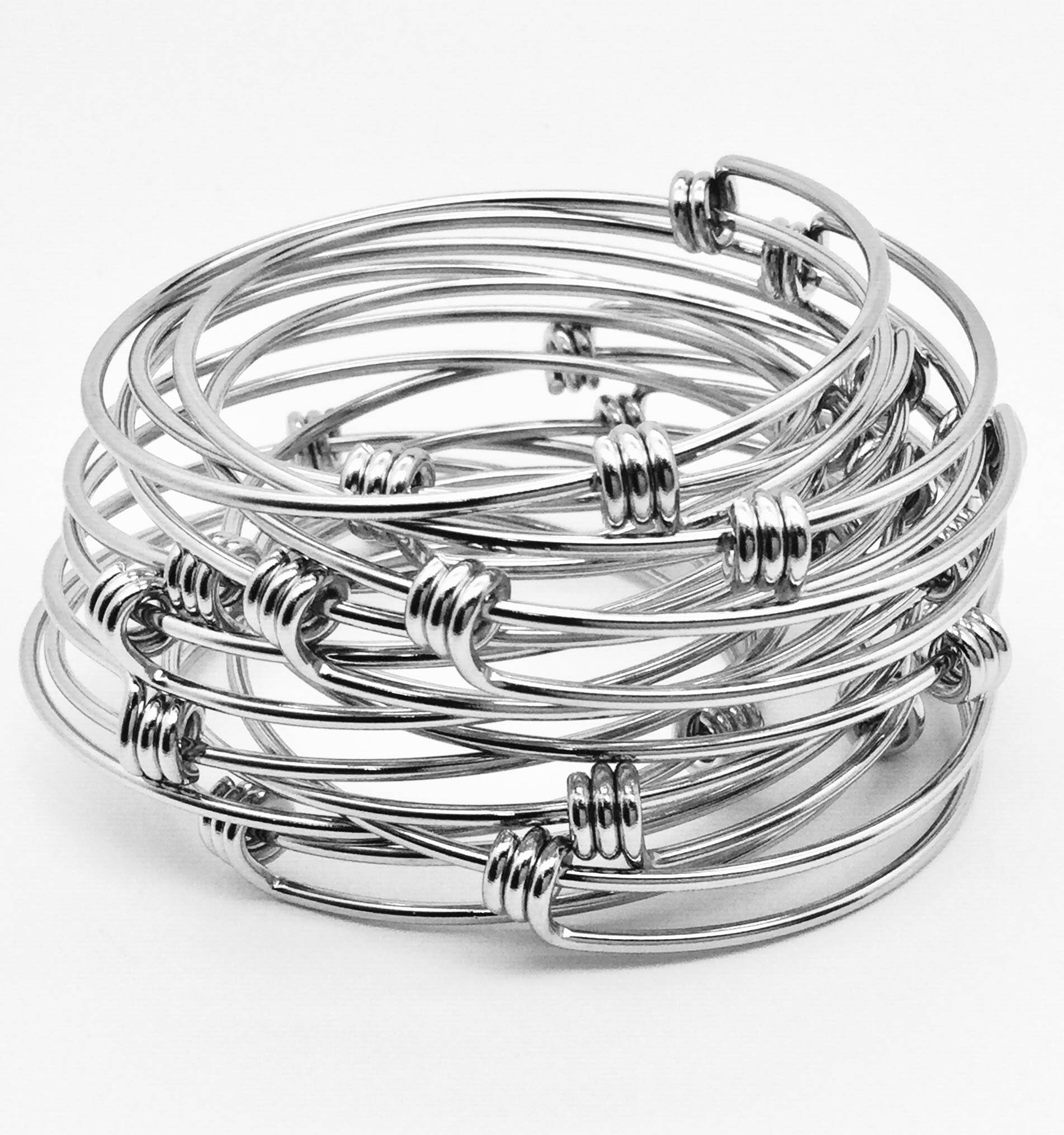 bcraftiz 50 pcs Stainless Steel Adjustable Wire Bangle Bracelet 3 Loops Wrap Silver Tone 50mm for Child Size