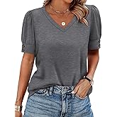 OFEEFAN Womens Tops Short Sleeve Shirts Buttons V Neck Spring Fashion Summer Outfits Plus Size Blouses Dressy Casual