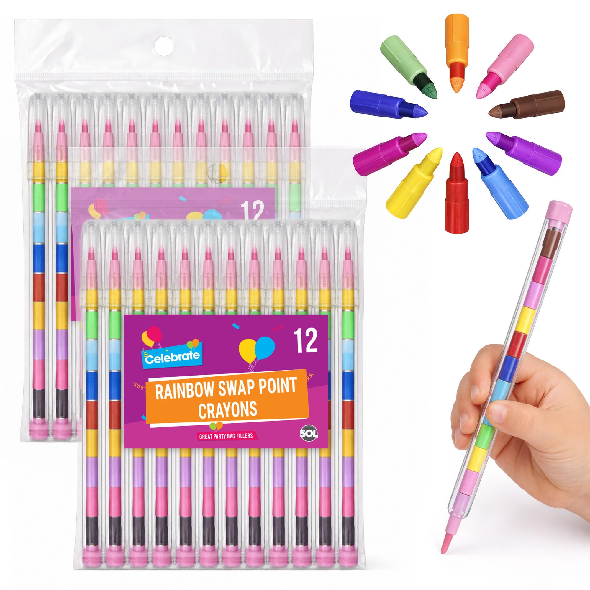 SOL 24pk Rainbow Swap Point Crayons, Twistable Crayons for Party Bags, 10 Assorted Stacking Colour, No Sharpening Required, Durable & Child-Friendly Mess-Free Colouring, Ideal Party Favour & Fillers