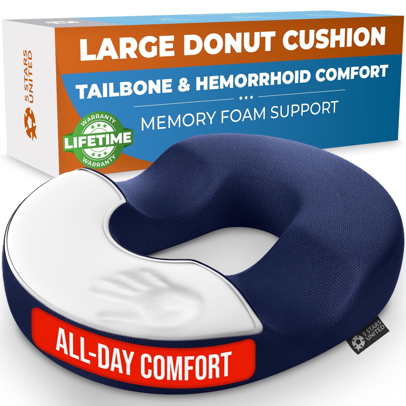 5 STARS UNITED Donut Pillow Hemorrhoid Tailbone Cushion – Large Cushion for Pain Relief – Coccyx, Prostate, Sciatica, Pelvic Floor, Pressure Sores, Pregnancy, Postpartum Recovery, Blue