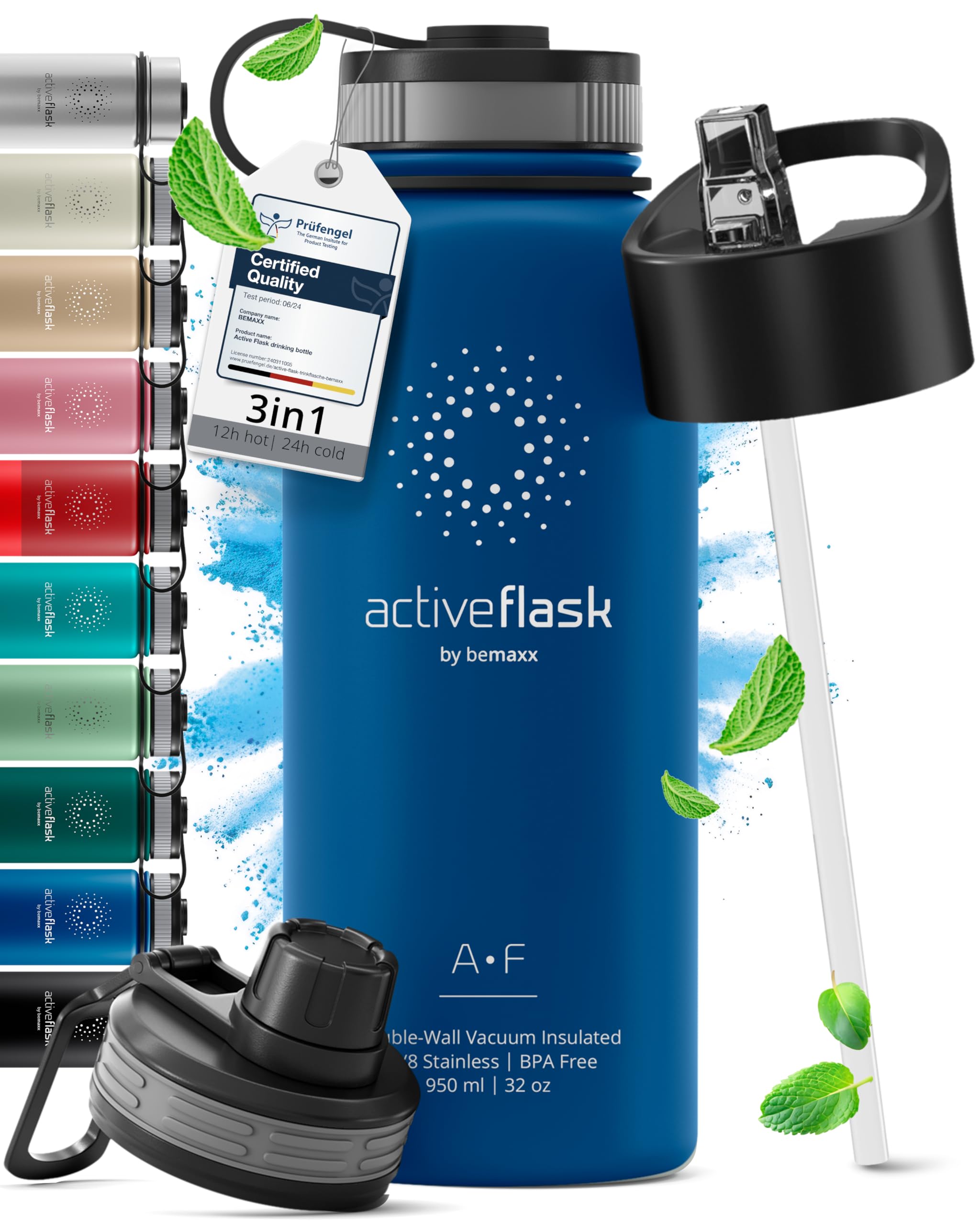 Stainless Steel Water Bottle with Straw & 3 Lids: 1 & 0,5L Leak-Proof BPA-Free Vacuum Insulated ACTIVE FLASK Drinking Bottles Hot Cold: Double Walled Outdoor Drink Thermo Mug Tea Coffee Sport Gym Bike